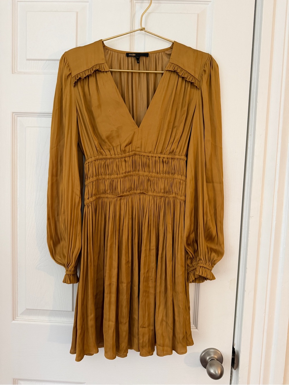 Maje Deep Gold Long-Sleeve V-Neck Smocked Waist Dress